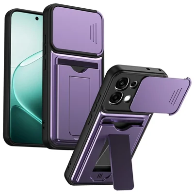 For Oppo A6 Pro 4G  /  A6 Pro 5G Case Lens Protection Kickstand PC + TPU Phone Cover with Card Holder - Purple