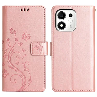 For Honor 600 Smart 5G / X7e Plus 5G Leather Wallet Case Butterfly Flower Imprinted Phone Cover with Strap - Rose Gold