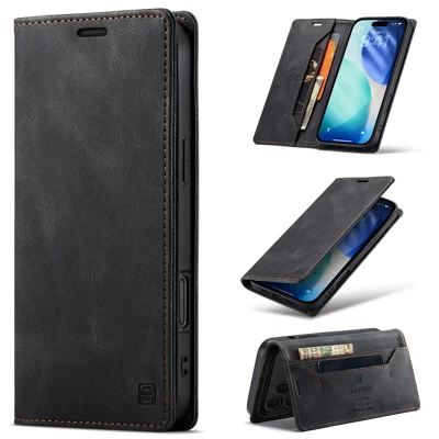  AUTSPACE for iPhone 17 Pro Wallet Case  A01 Leather Stand Cover with RFID Blocking Card Holder - Black