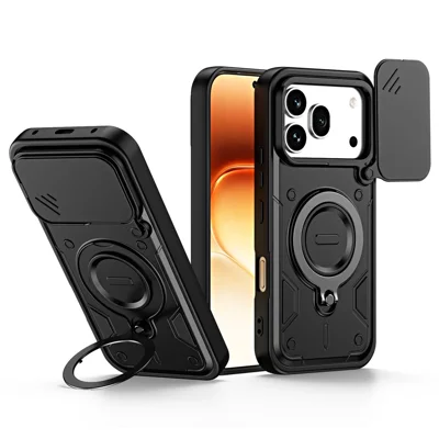 Obudowa do Honor 600 5G / 600 Pro 5G z przesuwaną osłoną obiektywu, obracaną podstawką, odporna na wstrząsy TPU + PC, pokrowiec na telefon - Czarny