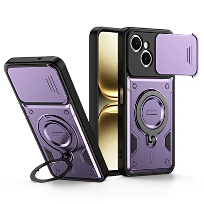 For TECNO Spark 40C Case with Slide Lens Cover Rotatable Kickstand Shockproof TPU + PC Phone Shell - Purple