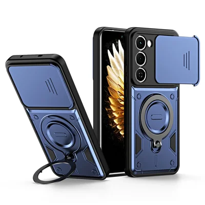 For TECNO Spark 40 Pro 4G Case with Slide Lens Cover Rotatable Kickstand Shockproof TPU + PC Phone Shell - Sapphire