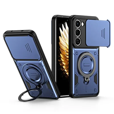 For TECNO Spark 40 Pro+ 4G Case with Slide Lens Cover Rotatable Kickstand Shockproof TPU + PC Phone Shell - Sapphire