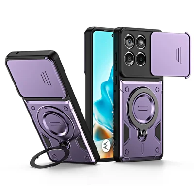 Motorola Edge 70 5G / Moto X70 Air 5G Hülle mit schiebbarem Objektivschutz, drehbarem Ständer, stoßfestem TPU + PC-Handy-Schalenetui – Lila