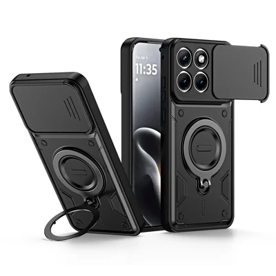 Motorola Edge 70 Fusion 5G / Edge 70 Fusion+ 5G Hülle mit schiebbarem Objektivschutz, drehbarem Ständer, stoßfestem TPU + PC-Handy-Schalenetui - Schwarz