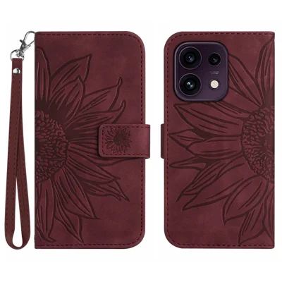 För Oppo Reno16 FS 5G / Oppo Reno16 F 5G Skal Solrostryck Läderplånbok Mobilhölse med handledsband - Vinröd