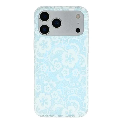 For iPhone 17 Pro Magnetic Case Lace Floral Pattern PC + TPU Phone Cover - Baby Blue