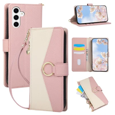 For Samsung Galaxy S26 FE Wallet Case Triangular Splicing Zipper Leather Flip Cover with Wrist Strap - Pink