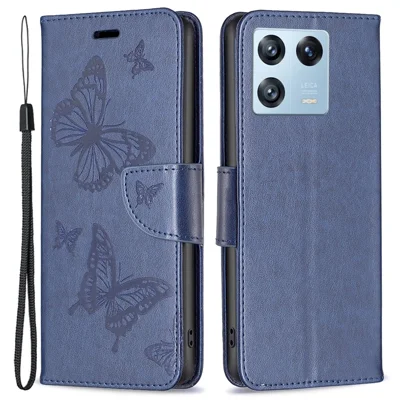 Funda cartera para Xiaomi 13 Pro 5G con diseño de mariposas impresas, funda de cuero para teléfono con correa - Azul oscuro