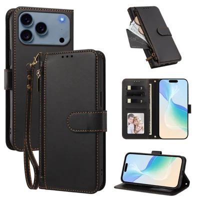 Til iPhone 17 Pro / iPhone 18 Pro Case med 4 kortpladser, wallet, stå og PU-læder telefonbeskyttelse med håndledsrem - Sort
