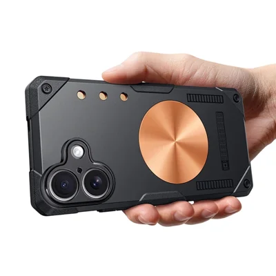 For iPhone 16 Case Copper Heat Dissipation TPU + Metal Cooling Phone Cover Support Magnetic Car Mount - Black