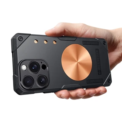 For iPhone 16 Pro Case Copper Heat Dissipation TPU + Metal Cooling Phone Cover Support Magnetic Car Mount - Black