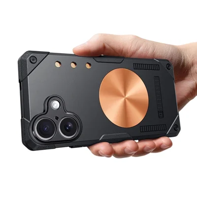 For iPhone 17 Case Copper Heat Dissipation TPU + Metal Cooling Phone Cover Support Magnetic Car Mount - Black