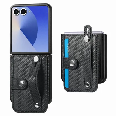 For Samsung Galaxy Z Flip8 Case Wristband Anti-Drop Leather Back Cover Card Holder - Black