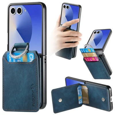 For Samsung Galaxy Z Flip8 Case Card Slots Kickstand PU Leather + PC Phone Cover with Rhinestone Ring Holder - Blue
