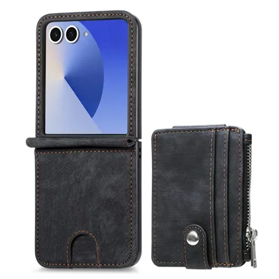 For Samsung Galaxy Z Flip8 Case Detachable 2-in-1 Card Slots Zipper Leather + PC Phone Cover - Black