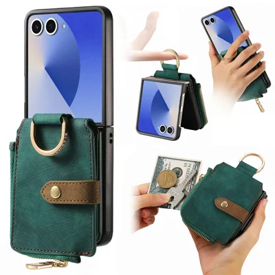 For Samsung Galaxy Z Flip8 Case Zipper Pocket Card Holder Retro Texture Leather Back Cover - Green