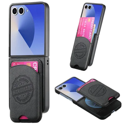 For Samsung Galaxy Z Flip8 Magnetic Case with Card Bag Denim Texture Leather Back Cover - Black