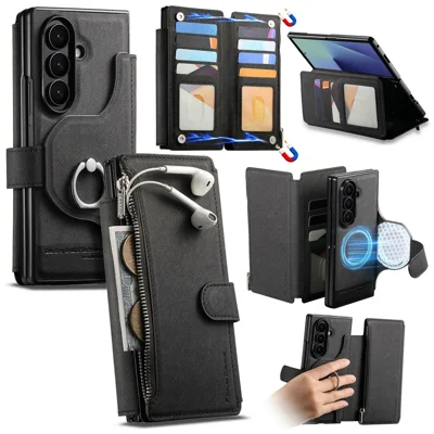 For Samsung Galaxy Z Fold8 Ultra Magnetic Case Detachable Wallet Stand Cloth Texture Leather + PC + TPU Phone Cover - Black