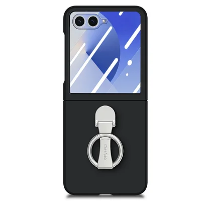 CASENEO для Samsung Galaxy Z Flip8 Чехол с Кольцом-Подставкой Кожаный Пластиковый Чехол с Защитой Экрана - Черный