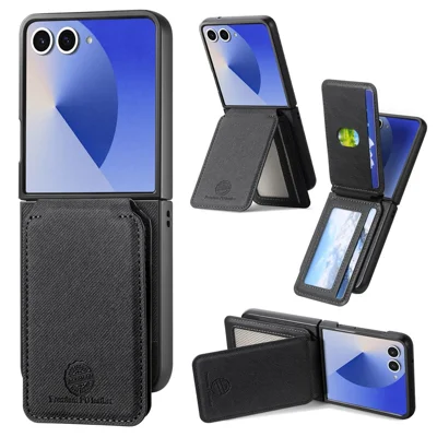 For Samsung Galaxy Z Flip8 Case Magnetic Detachable Card Holder Leather Phone Back Cover - Black