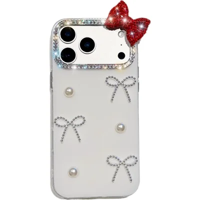 For iPhone 18 Pro / 17 Pro Case Pearl Bow Decor PC + TPU IMD Phone Cover with Rhinestone Camera Ring - Pearl White