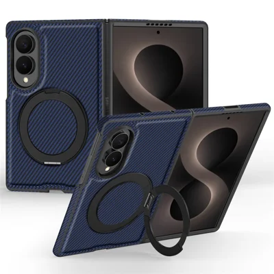 For Samsung Galaxy Z Fold8 Magnetic Case with Kickstand Carbon Fiber Texture PU Leather Phone Back Cover - Sapphire