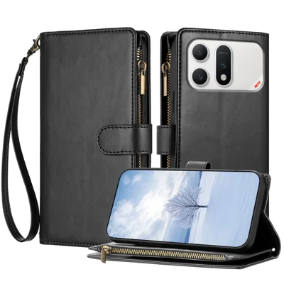  For Honor Win Turbo 5G Leather Case Zipper Wallet Stand Shockproof Phone Cover with Wrist Strap - Black