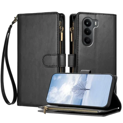 For OnePlus Turbo 6X 5G Leather Case Zipper Wallet Stand Shockproof Phone Cover with Wrist Strap - Black