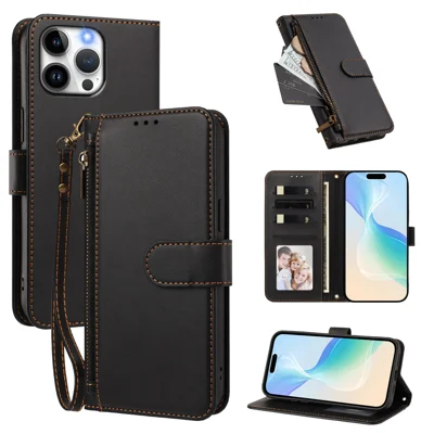  For iPhone 15 Pro Max Case 4 Card Slots Wallet Stand PU Leather Phone Cover with Wrist Strap - Black