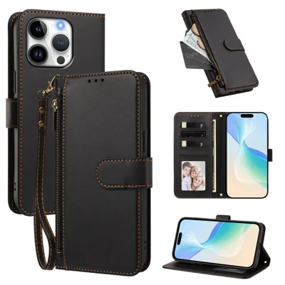  For iPhone 16 Pro Case 4 Card Slots Wallet Stand PU Leather Phone Cover with Wrist Strap - Sort