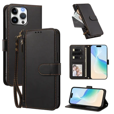 For iPhone 16 Pro Max Case 4 Card Slots Wallet Stand PU Leather Phone Cover with Wrist Strap - Black