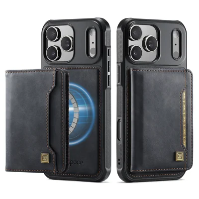 AUTSPACE na iPhone 17 Pro Case A13 Skórzana tylna obudowa z magnetycznym odkładanym portfelem na karty - Czarny