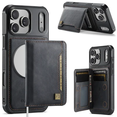 AUTSPACE für iPhone 17 Pro Max Hülle A13 Vintage Lederrückseite mit magnetisch abnehmbarem Kartenetui - Schwarz