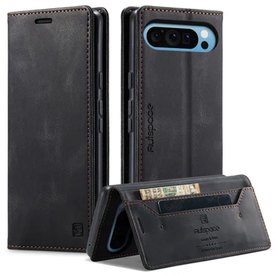  AUTSPACE for Google Pixel 10 Pro XL Wallet Case  A01 Leather Stand Cover with RFID Blocking Card Holder - Black