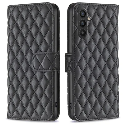 BINFEN COLOR BF Style-14 For Samsung Galaxy A34 5G Imprinted Rhombus Pattern Wallet Phone Case PU Leather Stand Magnetic Closure Flip Folio Cover - Black