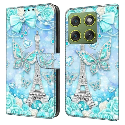 Mappenhülle für Motorola Edge 70 5G / Moto X70 Air 5G, Musterdruck, Ständer, Ledertasche zum Umklappen - Schmetterling Kobalt Turm