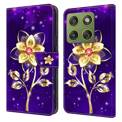 Brieftaschenhülle für Motorola Edge 70 5G / Moto X70 Air 5G, Musterdruck, PU-Leder, Klapp- und Ständer-Handyhülle – Goldene Blumen auf Lila