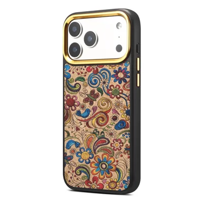DENIOR A28+1 pour iPhone 17 Pro Max étui magnétique avec cadre doré pour objectif, dos en cuir à broderie florale - Kaki