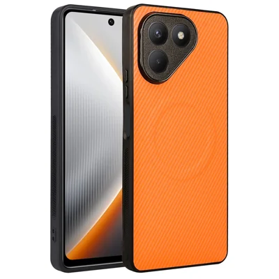 For TECNO Pova 7 4G  /  7 Neo 4G Case Carbon Fiber Texture Leather Coated TPU PC Phone Cover with Metal Ring for Magnetic Car Mount - Orange