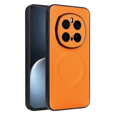 Für Honor Magic7 Pro 5G Hülle Kohlefaser-Optik Lederbeschichtete TPU PC-Handyhülle mit Metallring für magnetische Autohalterung - Orange