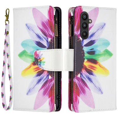 For Samsung Galaxy A34 5G Leather Case with Strap Pattern Printing Zipper Wallet Phone Stand Cover - Sunflower