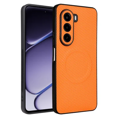 For OnePlus Turbo 6X 5G  /  Realme P4x 5G Case Carbon Fiber Texture Leather Coated TPU PC Phone Cover with Metal Ring for Magnetic Car Mount - Orange