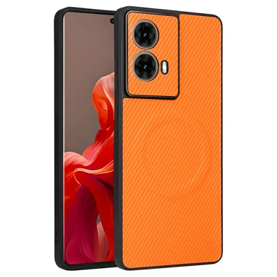 For Motorola Moto G85 5G  /  S50 Neo 5G Case Carbon Fiber Texture Leather Coated TPU PC Phone Cover with Metal Ring for Magnetic Car Mount - Orange