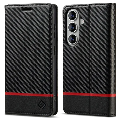 LC.IMEEKE Wallettasche für Samsung Galaxy A18 4G, Karbonfaser-Optik, Ledertelefonhülle – Horizontale Streifen