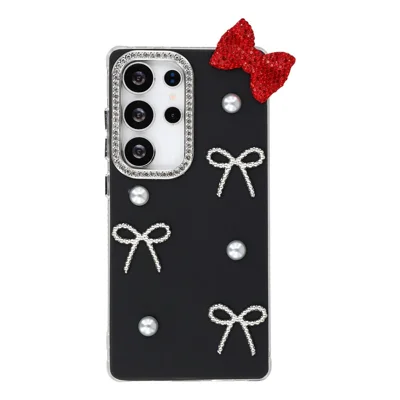 Samsung Galaxy S24 Ultra hoesje met parel en strikdecoratie PC + TPU IMD telefoonhoes met strass camera-ring - Klassiek zwart