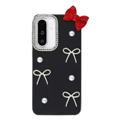 Samsung Galaxy S25 FE hoesje met parel en strikdecoratie PC + TPU IMD telefoonhoesje met strass camera-ring - Klassiek zwart