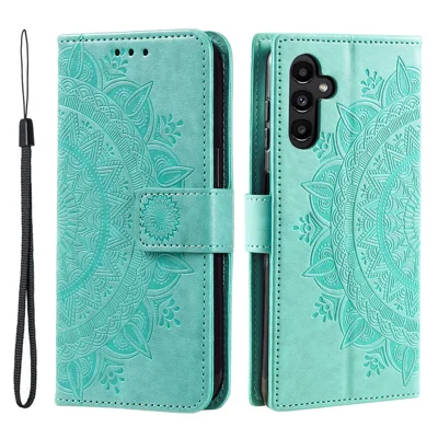 For Samsung Galaxy A54 5G Imprinted Mandala Flower Folding Stand Case PU Leather Wallet Magnetic Flip Phone Cover with Strap - Green