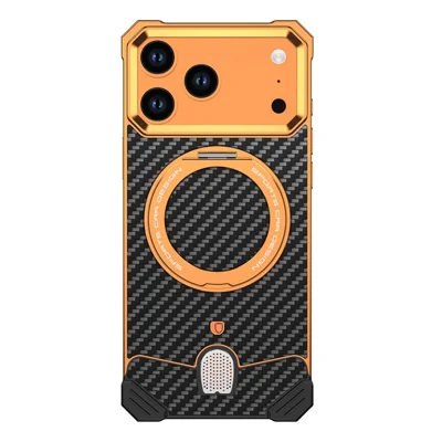 For iPhone 17 Pro Aramid Fiber Case Magnetic Rotating Kickstand Carbon Fiber Texture Frameless Phone Cover - Orange