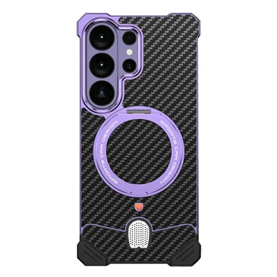 For Samsung Galaxy S26 Ultra Aramid Fiber Case Magnetic Rotating Kickstand Carbon Fiber Texture Frameless Phone Cover - Purple